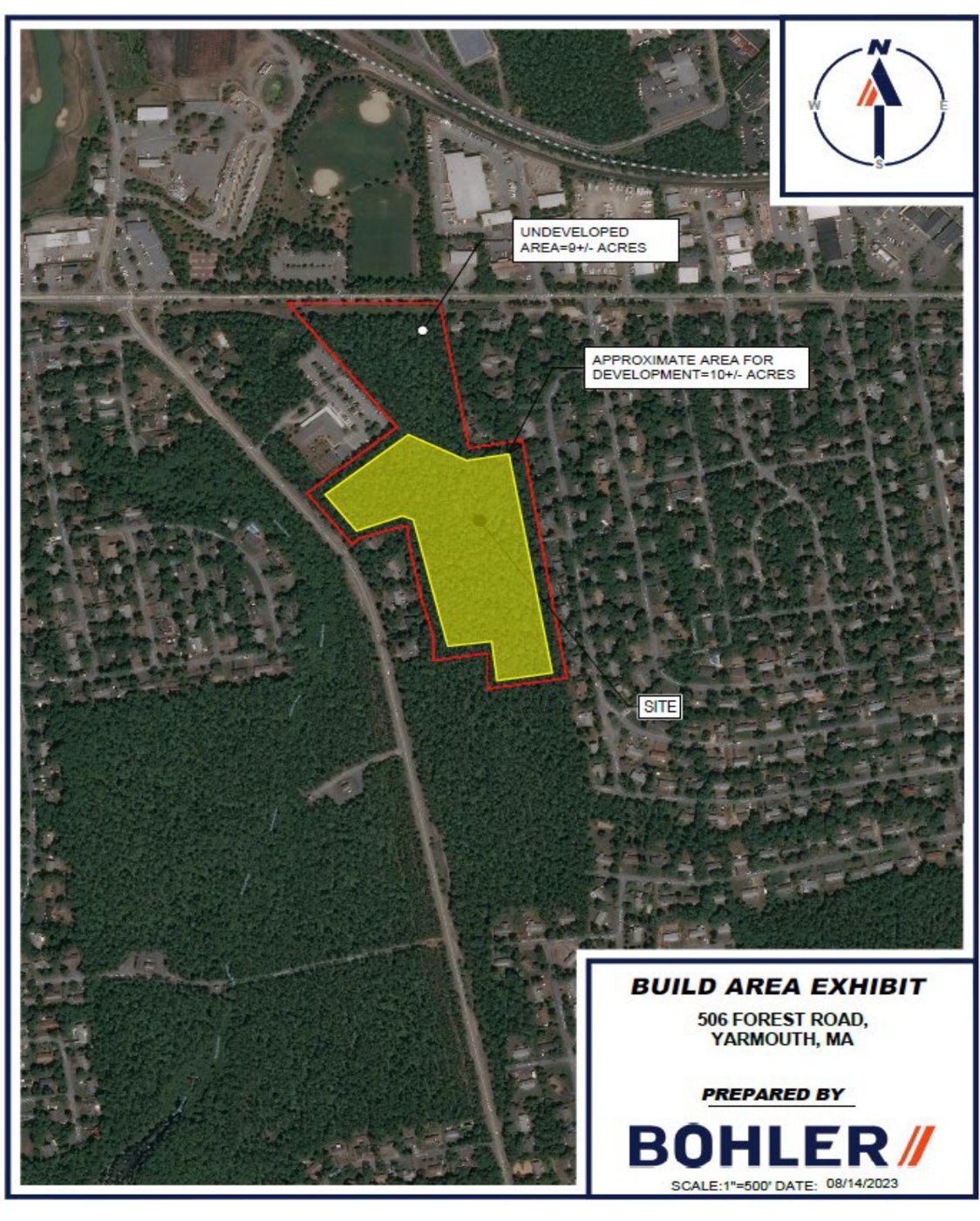 Aerial build-area exhibit for the YHA land at 506 Forest Road, Yarmouth, with the approximately 10-acre development area highlighted