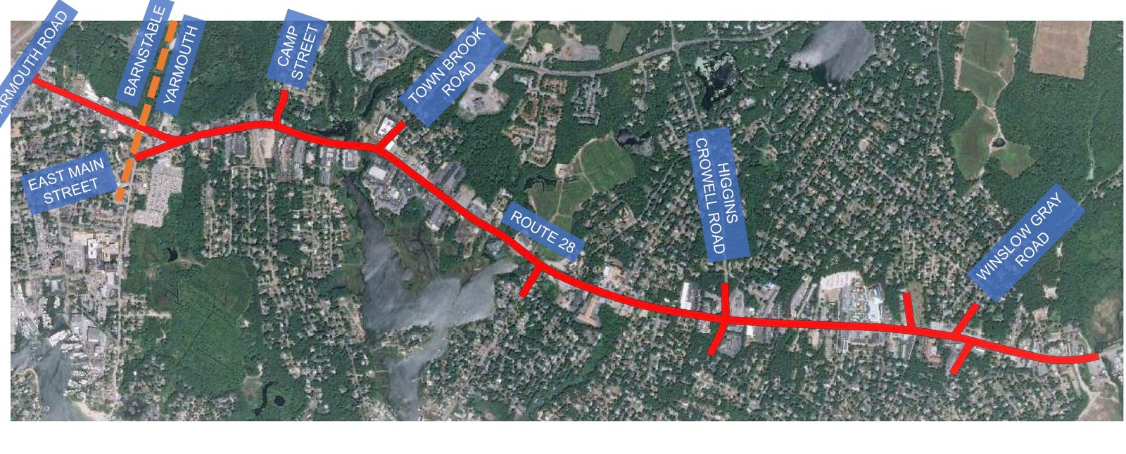 MassDOT project area map showing the Route 28 corridor from Yarmouth Road in Hyannis to Winslow Gray Road in Yarmouth