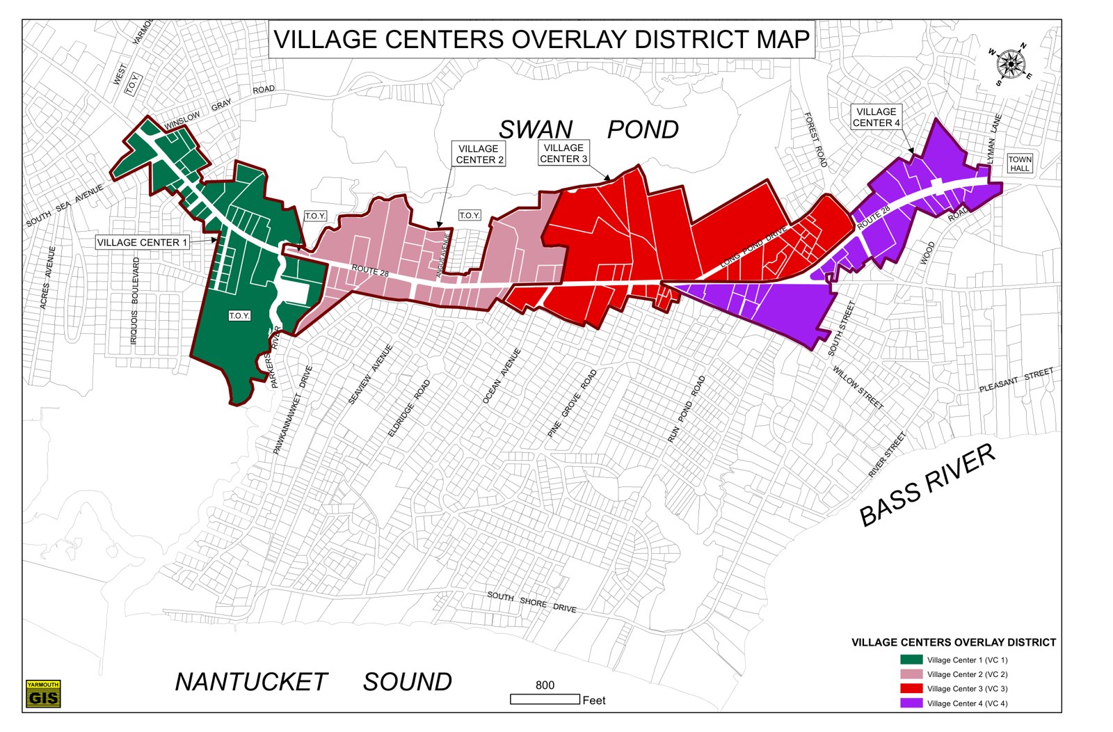 Official Town of Yarmouth map of the Village Centers Overlay District showing the four village centers along Route 28