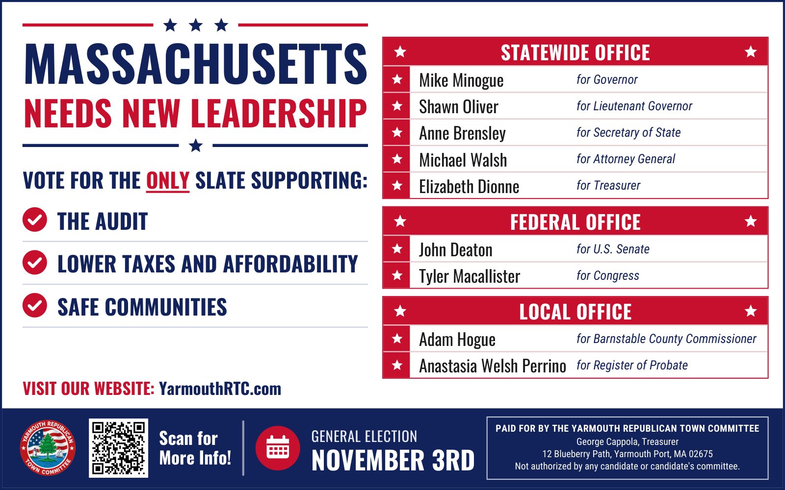 Yarmouth RTC postcard: Massachusetts Needs New Leadership, the Republican slate